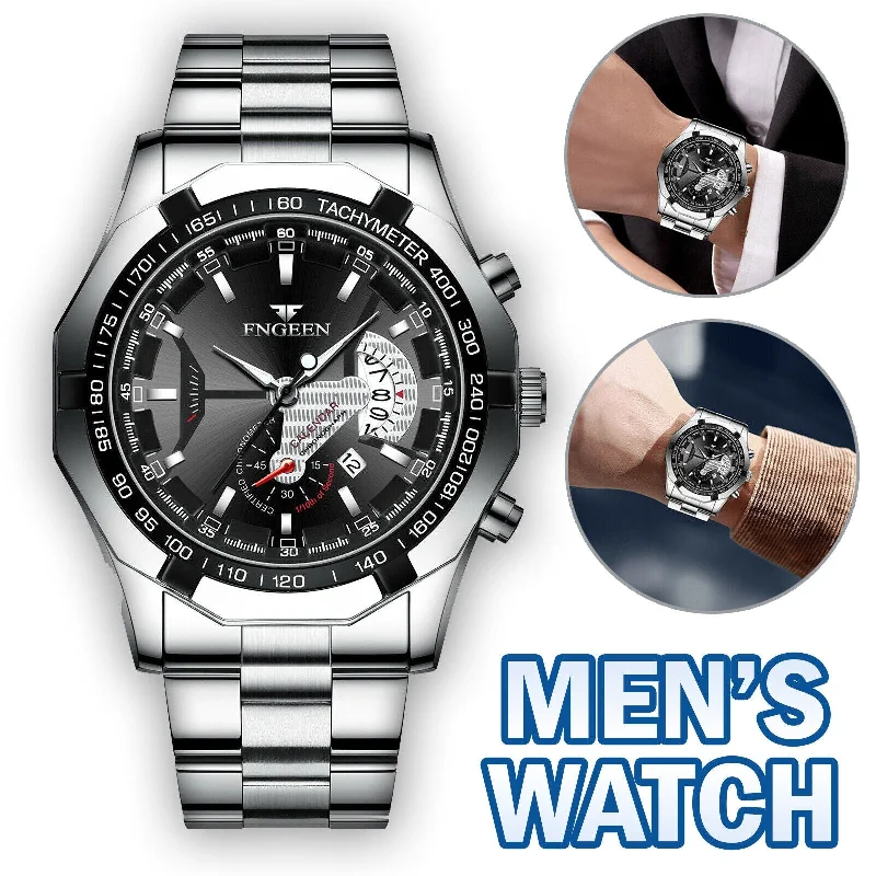 Classic Silver Watch For Men Quartz Analog Wristwatch Stainless Steel BusinessGraphic T-Shirts