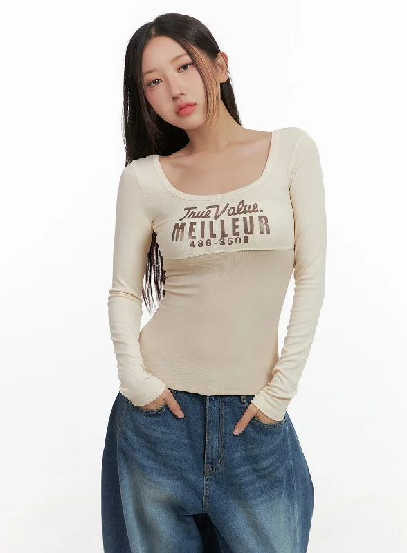 Mixed Color U-Neck Letter Print Slim Tee CO404Embellished T-Shirts