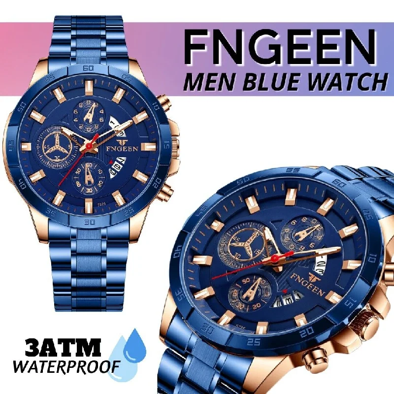 Men's Watch Stainless Steel Quartz Classic Business Wristwatch For Men - BlueCropped T-Shirts