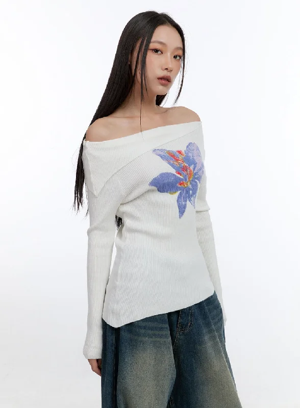 Floral Unbalanced Off-Shoulder Tee CN401Logo T-Shirts