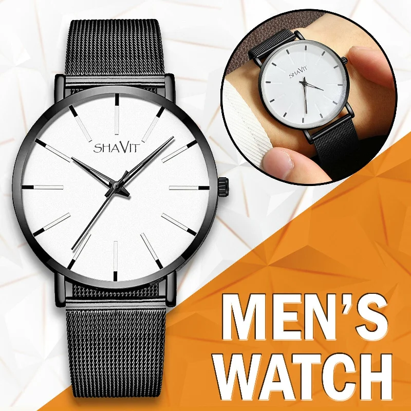 Luxury Men's Quartz Watch Stainless Steel Analog Ultra Thin Waterproof BusinessStriped T-Shirts