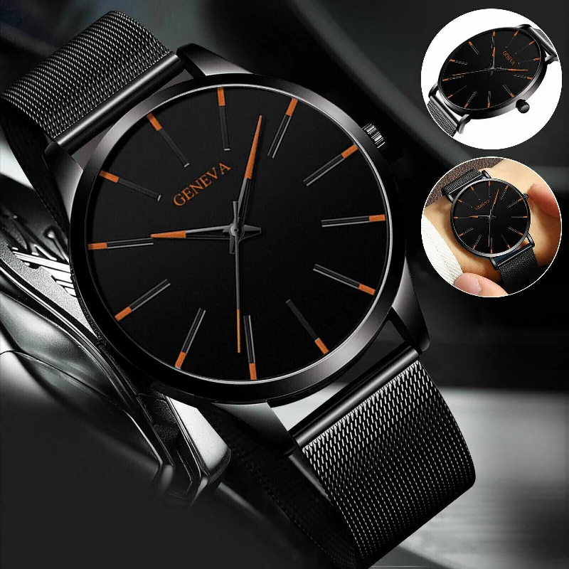 Luxury Men's Quartz Watch Stainless Steel Analog Ultra Thin Waterproof BusinessBoat Neck T-Shirts