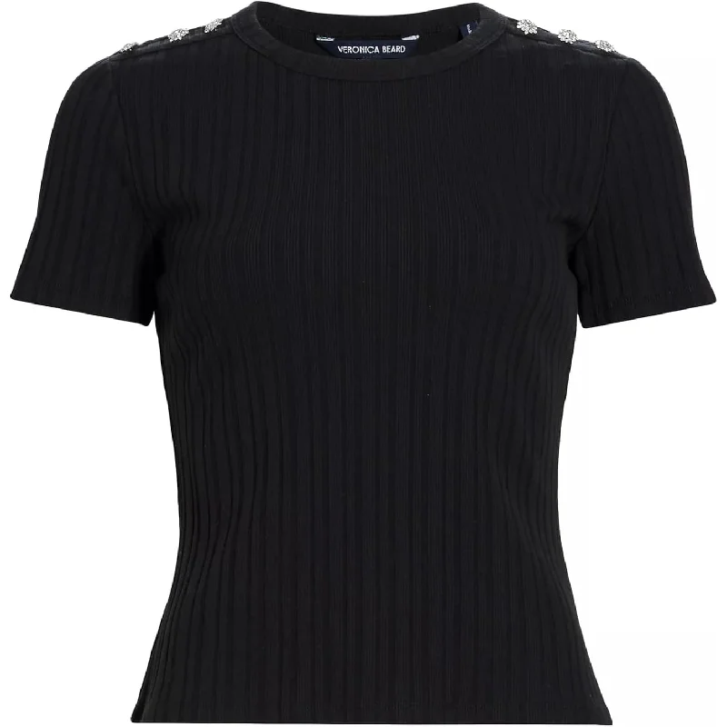 Veronica Beard Women's Draya Rhinestone Button Tee, BlackPerformance T-Shirts