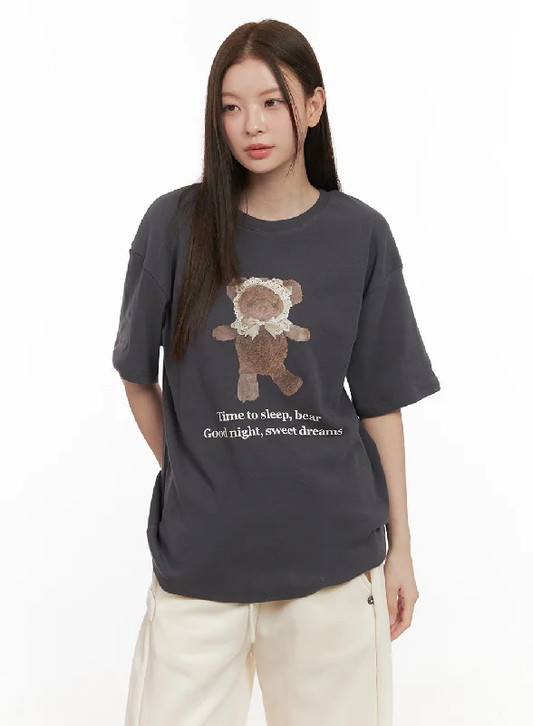 Lace Detail Graphic Bear Tee OD412Performance T-Shirts