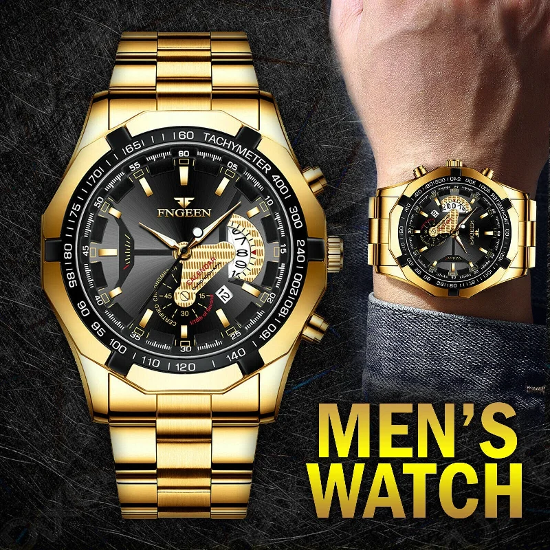 Waterproof Gold Men's Watch Classic Stainless Steel Quartz Wristwatch For MENPrinted T-Shirts