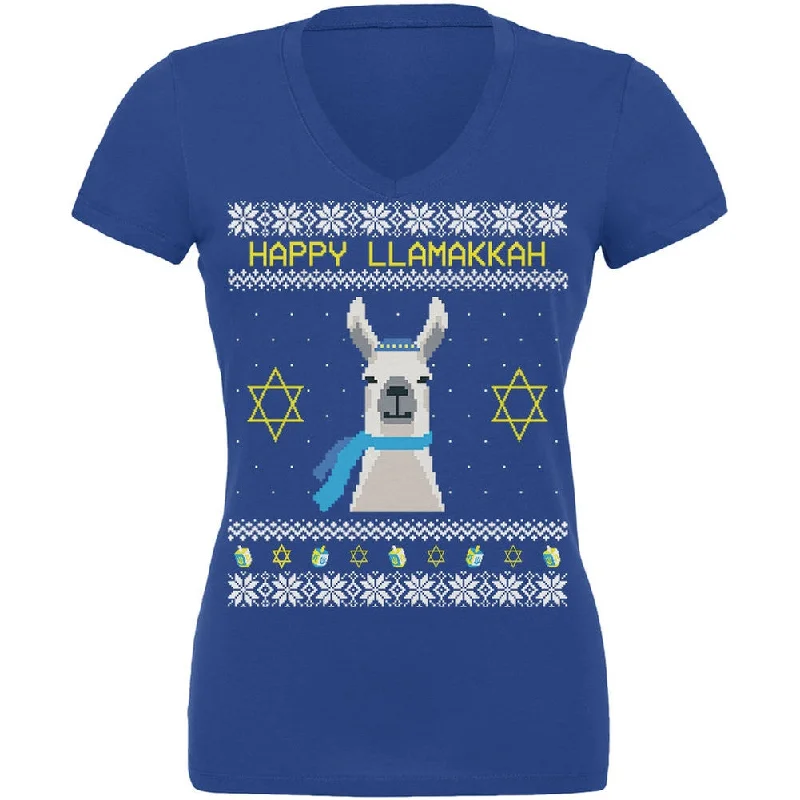 Llama Llamakkah Ugly Hanukkah Sweater Royal Juniors V-Neck T-ShirtVNeckTopQuasar