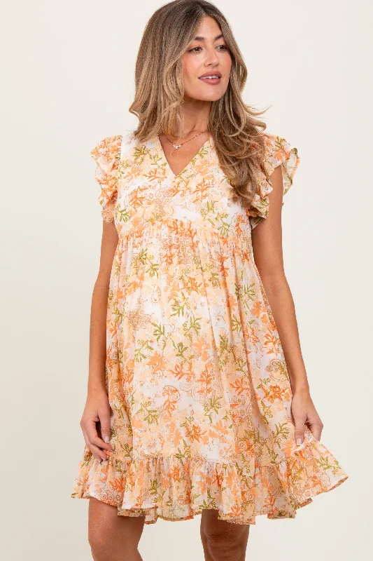 Metallic Short Sleeve TopsOrange Floral Chiffon Ruffle Short Sleeve Maternity Dress