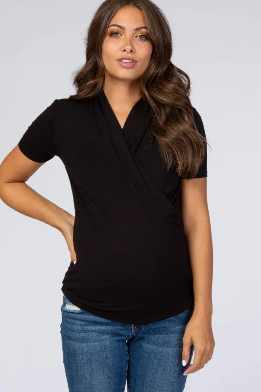 Crewneck Short Sleeve TopsBlack Solid Short Sleeve Wrap Front Maternity/Nursing Top