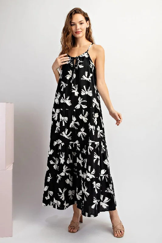 Black Bow Print Halter Front Tie Tiered Maxi DressEthnic Dress