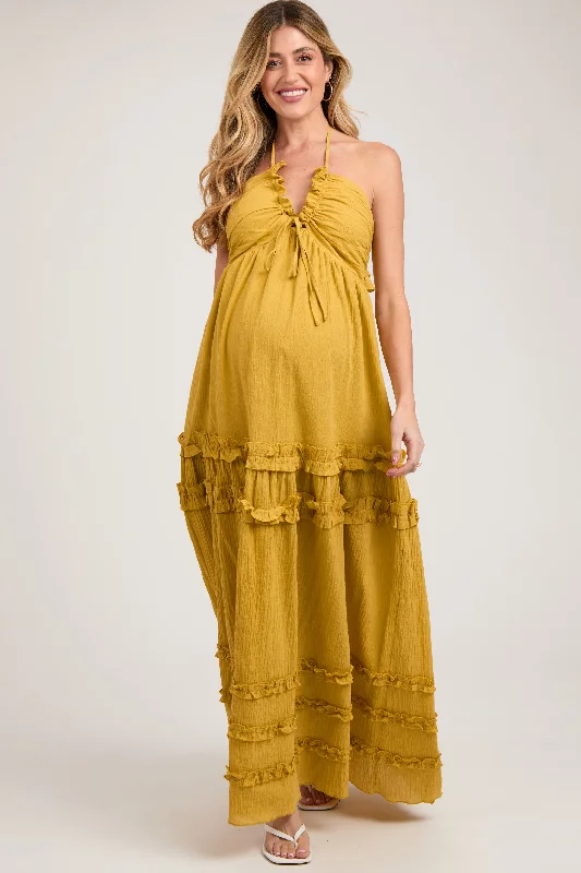 Yellow Ruffle Ruched Deep V-Neck Maternity Maxi DressVNeckTopCurrent