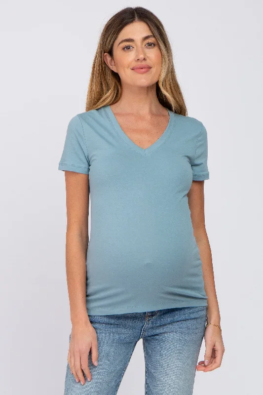 Blue V-Neck Short Sleeve Maternity TopVNeckTopRonin