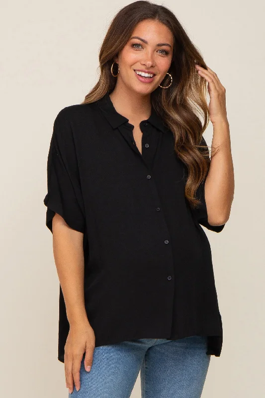 Vintage Short Sleeve TopsBlack Button Up Dolman Short Sleeve Maternity Top