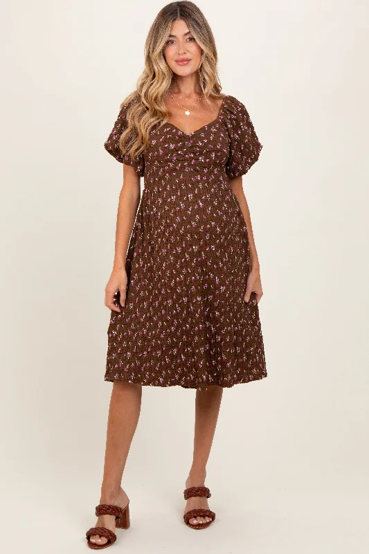 Brown Floral Smocked Sweetheart Maternity DressBusiness Dress