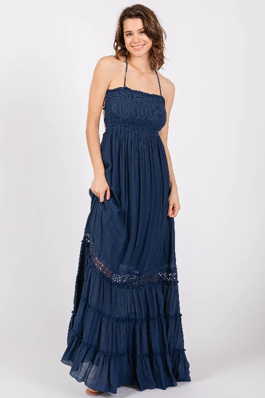 Navy Smocked Open Back Maxi DressCasual Dress