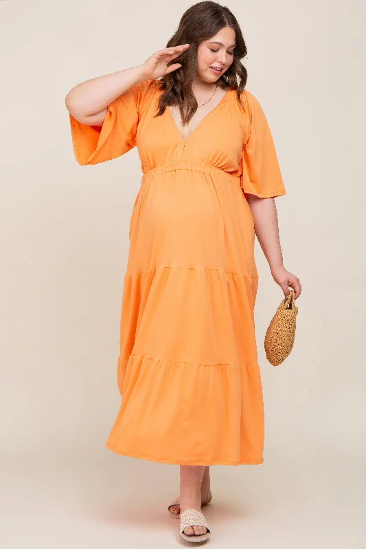 Orange Deep V-Neck Tiered Maternity Plus Maxi DressVNeckTopPearl