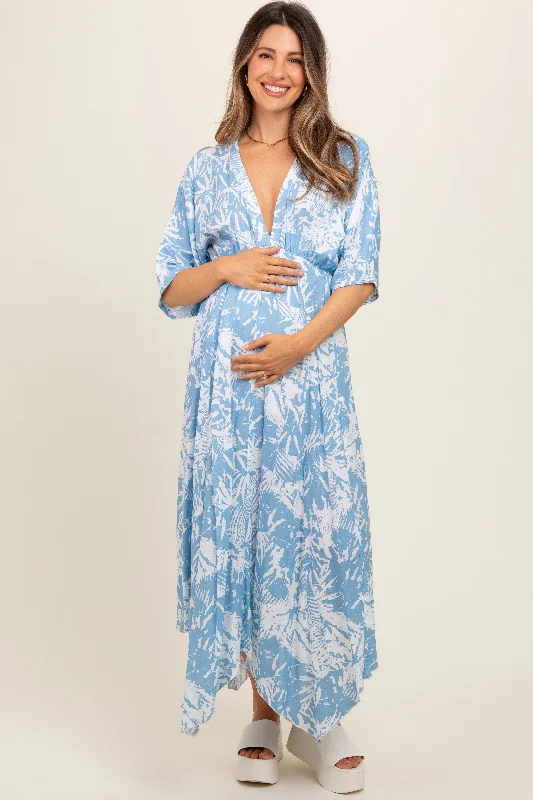 Blue Printed V-Neck Draped Maternity Maxi DressVNeckTopGold