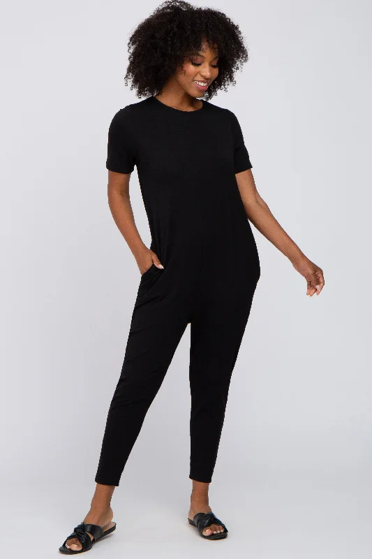 Vintage Short Sleeve TopsBlack Basic Short Sleeve Jumpsuit