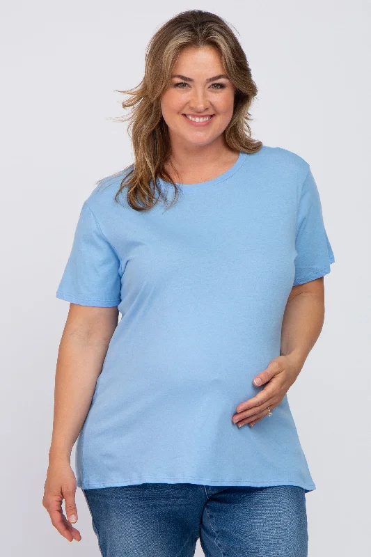 Fitted Short Sleeve TopsLight Blue Solid Short Sleeve Plus Maternity Top