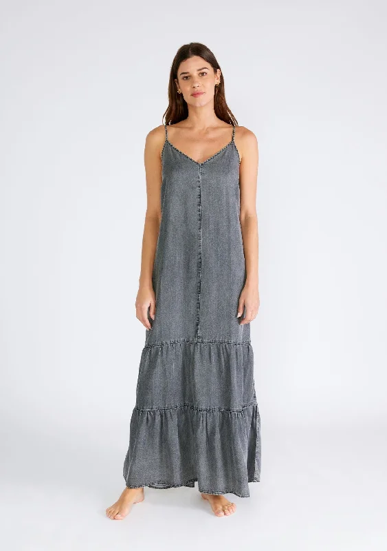 Charcoal Chambray Ruffle Hem Maxi DressHiking Dress