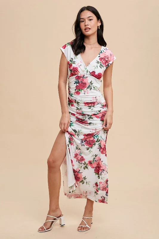 Pink Floral Mesh Ruched Sides Maxi DressBodycon Dress