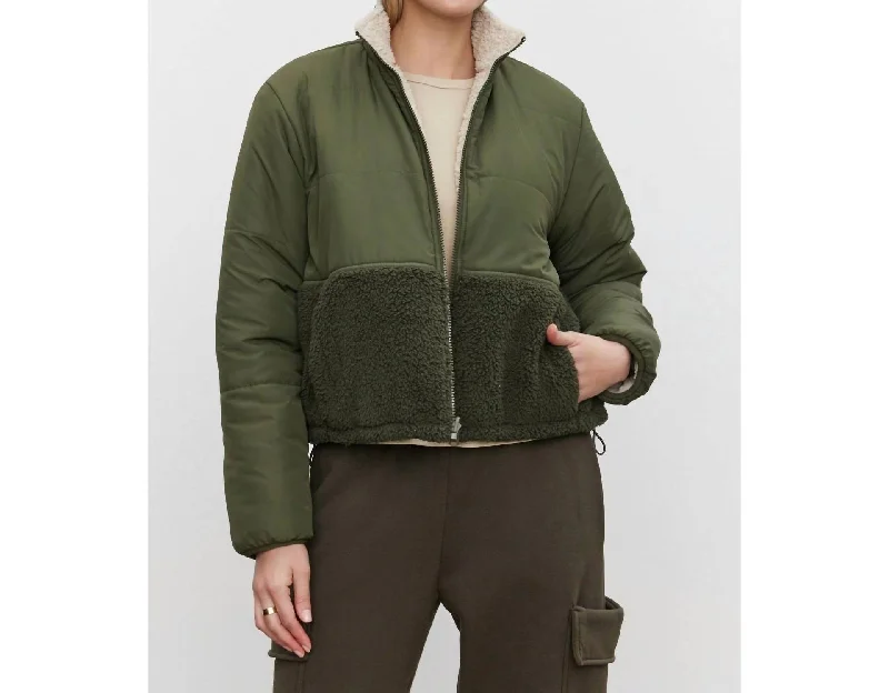 Tasha Reversible Puffer Sherpa Jacket In ArmyDesigner Jackets