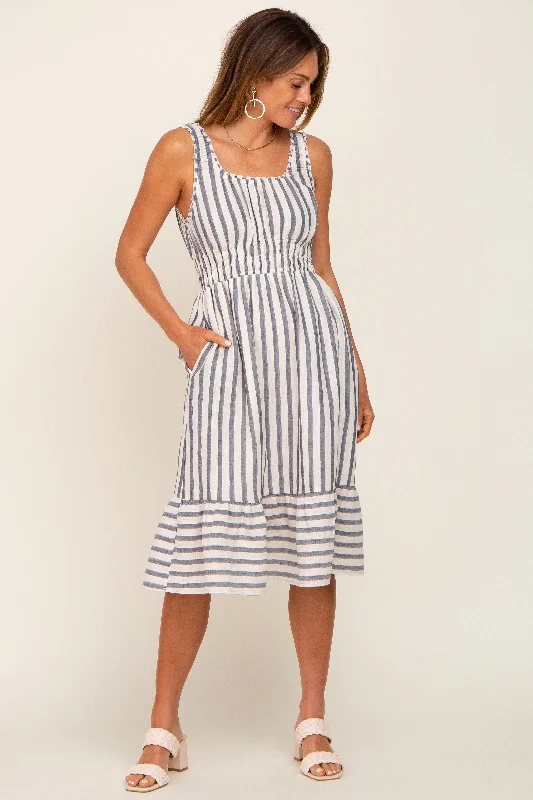 Blue Striped Sleeveless Ruffle Hem Midi DressInsulated Dress