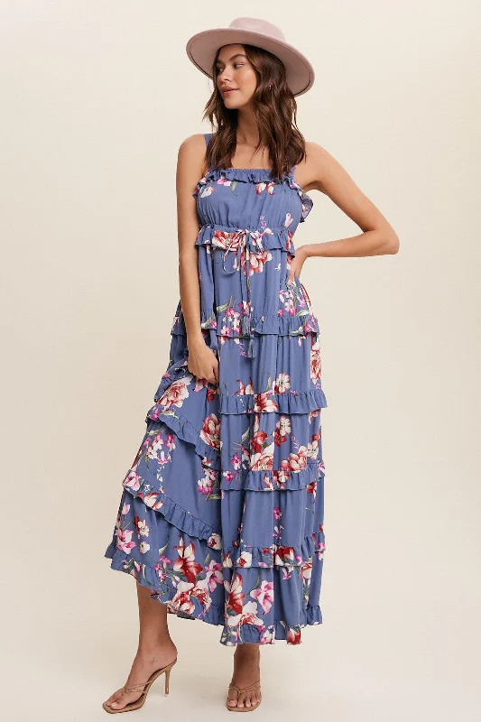 Blue Floral Sleeveless Tiered Maxi DressSilk Dress