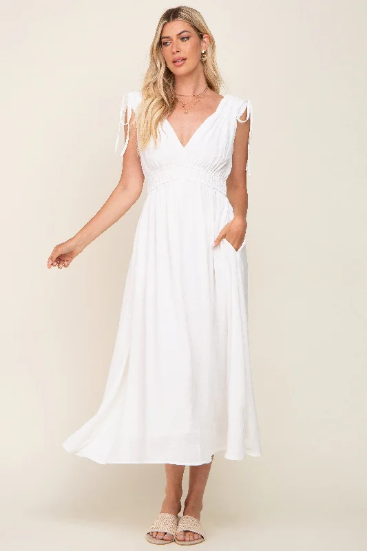 White V-Neck Drawstring Shoulder Midi DressVNeckTopVibe