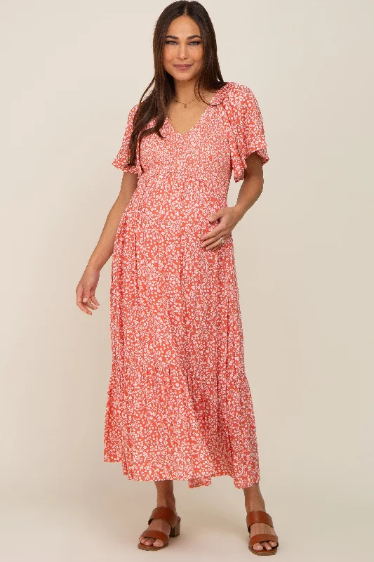 Coral Floral Smocked V-Neck Flutter Short Sleeve Maternity Midi DressVNeckTopPinnacle