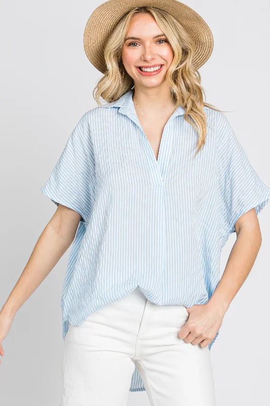 Sheer Short Sleeve TopsLight Blue Collared Short Sleeve Top