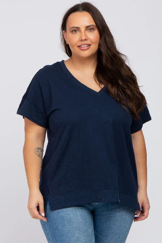 Navy Blue V-Neck Short Sleeve Side Slit Plus TopVNeckTopPro