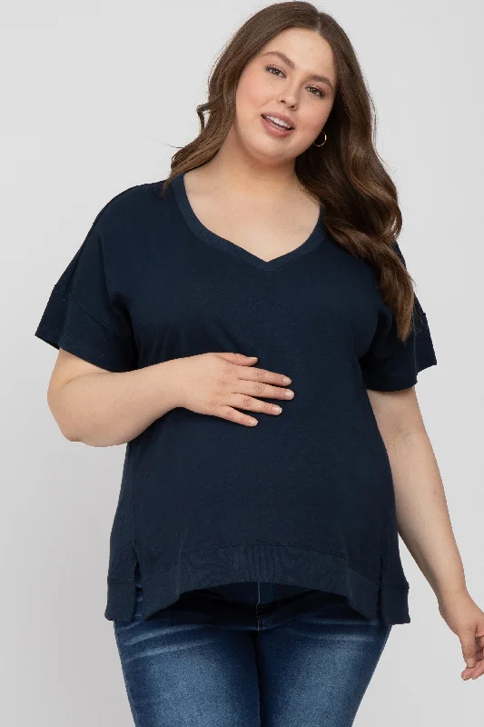 Navy Blue V-Neck Short Sleeve Side Slit Maternity Plus TopVNeckTopGladiator