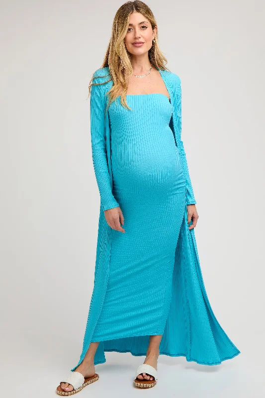 Aqua Ribbed Sleeveless Dress Cardigan Maternity SetPolka-dot Dress