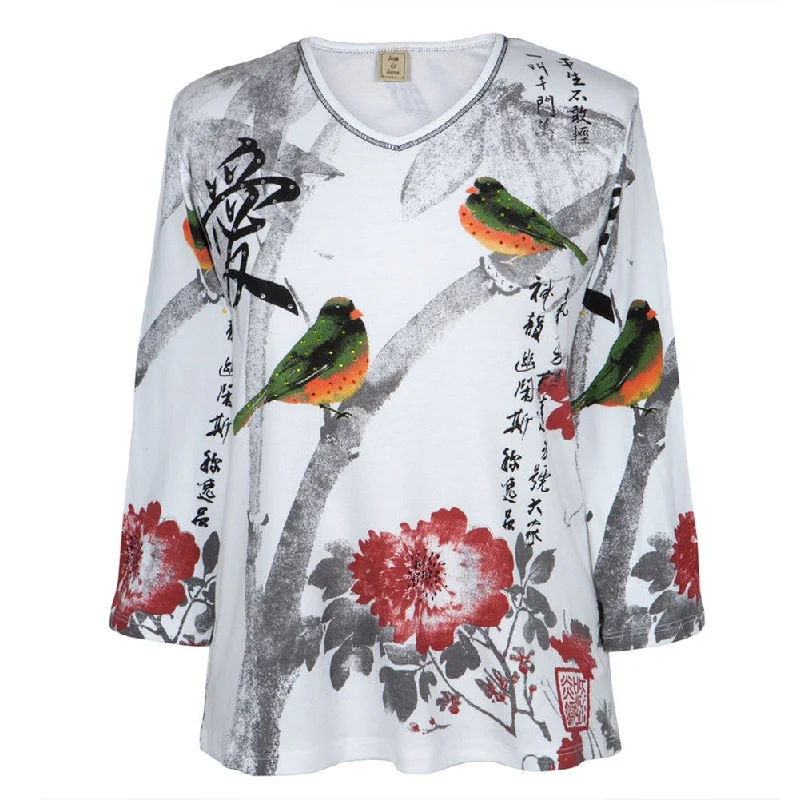 Asian Love Birds Women's V-neck 3/4 Sleeve BlouseVNeckTopMarine