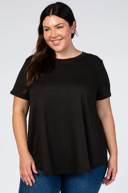 Fleece Short Sleeve TopsBlack Round Hem Short Sleeve Plus Top