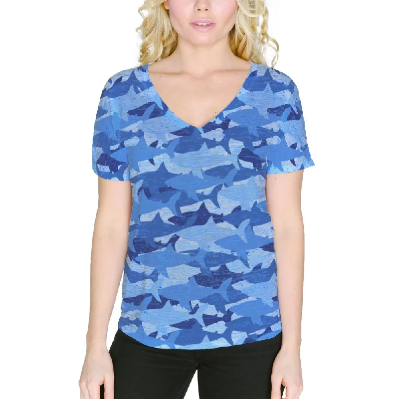 Great White Shark Camo Women's Slouchy V-Neck T ShirtVNeckTopZen