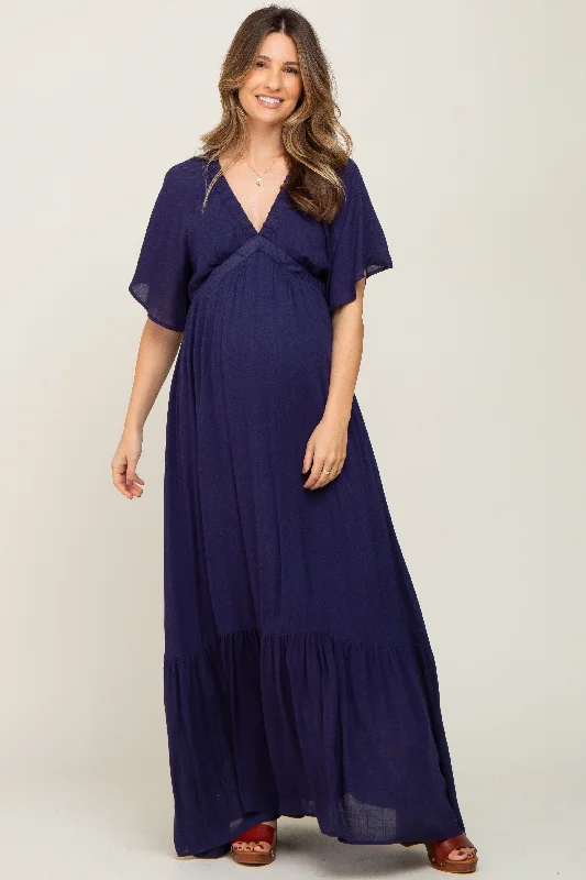 Navy V-Neck Flounce Sleeve Maternity Maxi DressVNeckTopHalo