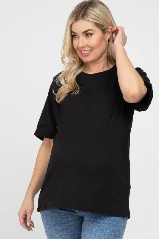 Plush Short Sleeve TopsBlack Oversized Pocket Front Short Sleeve Maternity Top