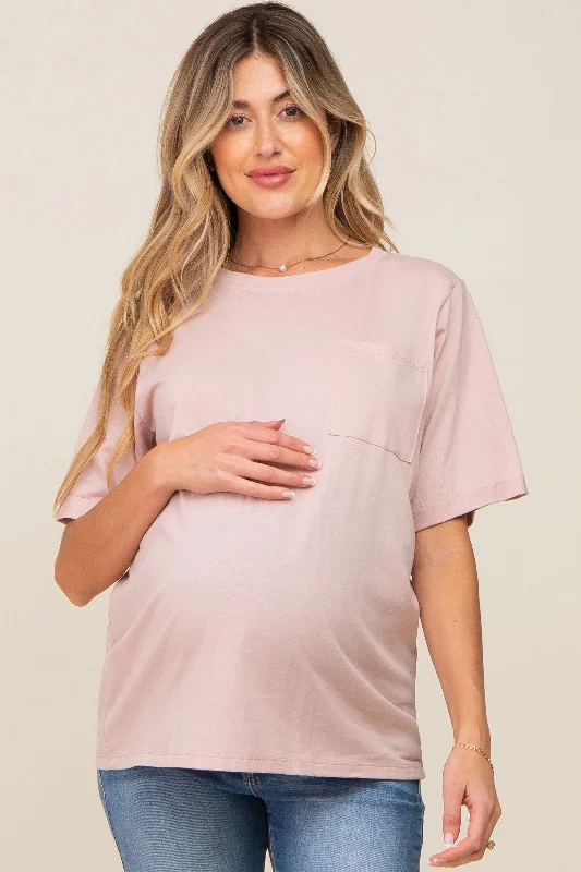 Velvet Short Sleeve TopsLight Pink Oversized Pocket Front Short Sleeve Maternity Top