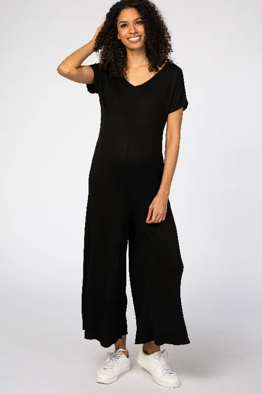 Work Short Sleeve TopsBlack Short Sleeve Wide Leg Maternity Jumpsuit