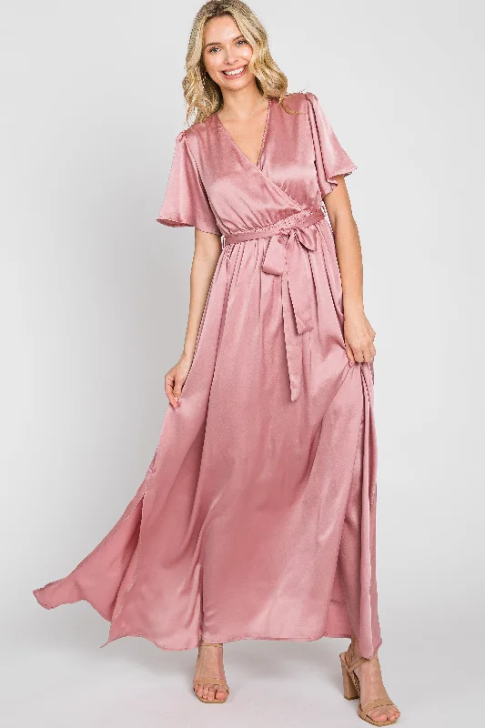 Pink Satin Wrap Front V-Neck Short Sleeve Side Slit Maxi DressVNeckTopPrime