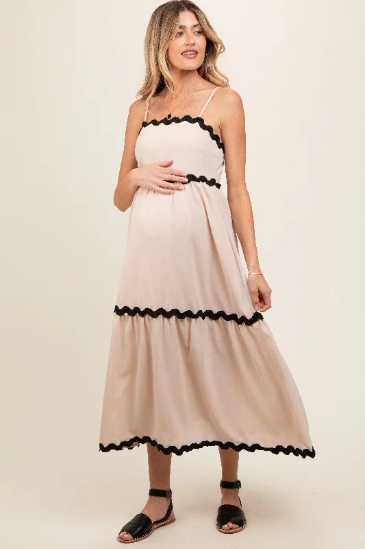 Beige Ric Rac Trim Tiered Maternity Midi DressGeometric Dress