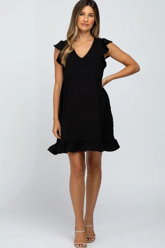 Black Ruffle Hem V-Neck Maternity DressVNeckTopShift