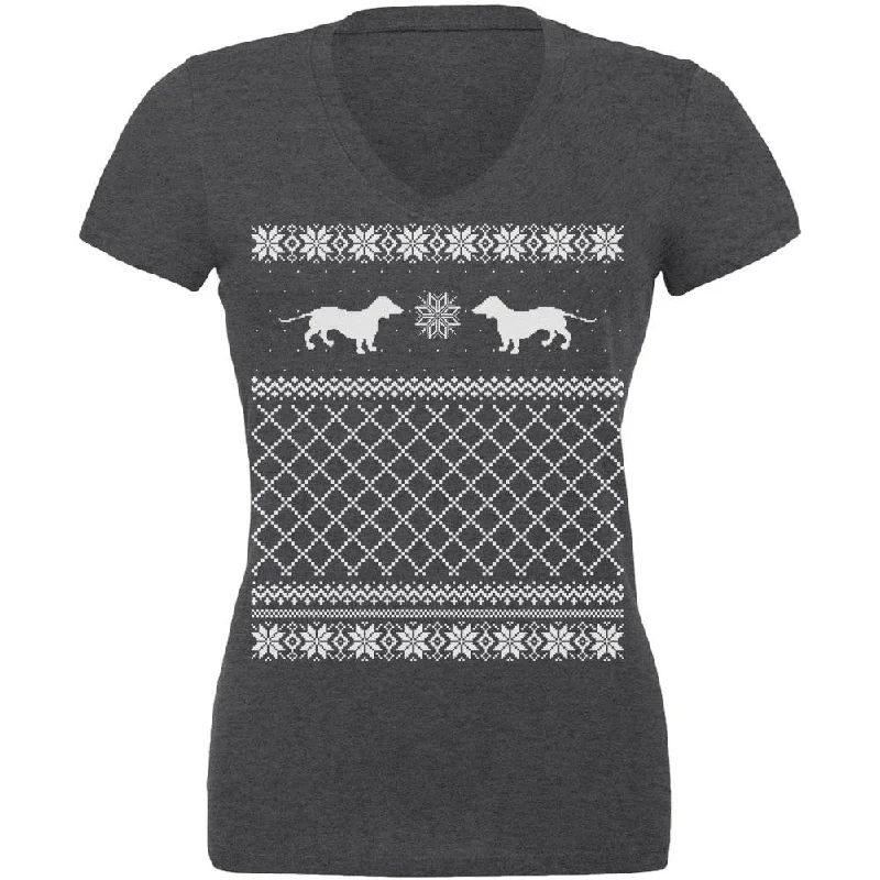 Dachshund Ugly Christmas Sweater Dark Heather Juniors V-Neck T-ShirtVNeckTopPearl