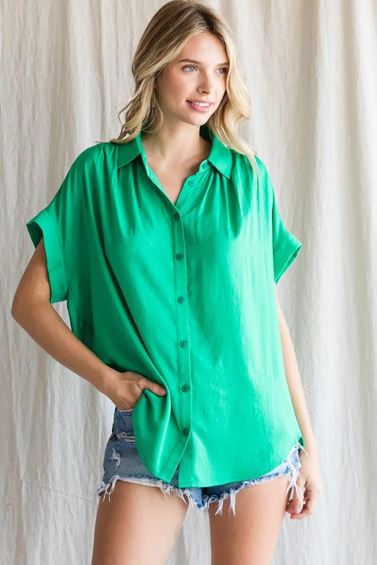 Sleep Short Sleeve TopsGreen Satin Button Front Collared Short Sleeve Top