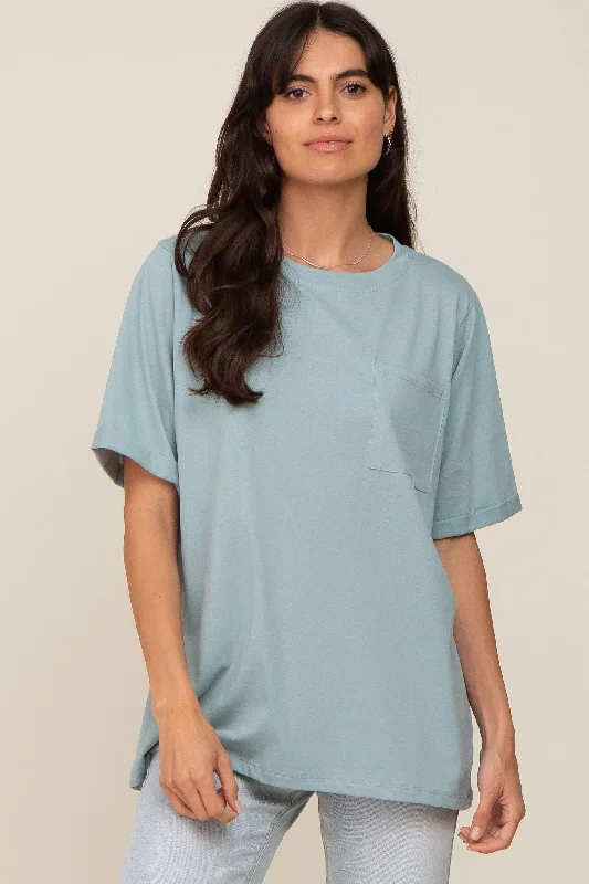 Travel Short Sleeve TopsMint Green Oversized Pocket Front Short Sleeve Top