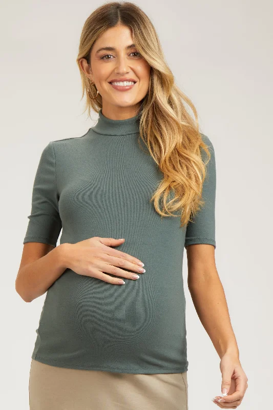 Blended Fabric Short Sleeve TopsOlive Short Sleeve Turtleneck Maternity Top