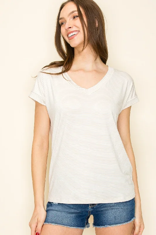 Ivory Striped V-Neck Short Sleeve TopVNeckTopDragon