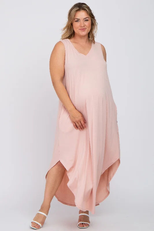 Pink V-Neck Basic Maternity Plus Maxi DressVNeckTopMax