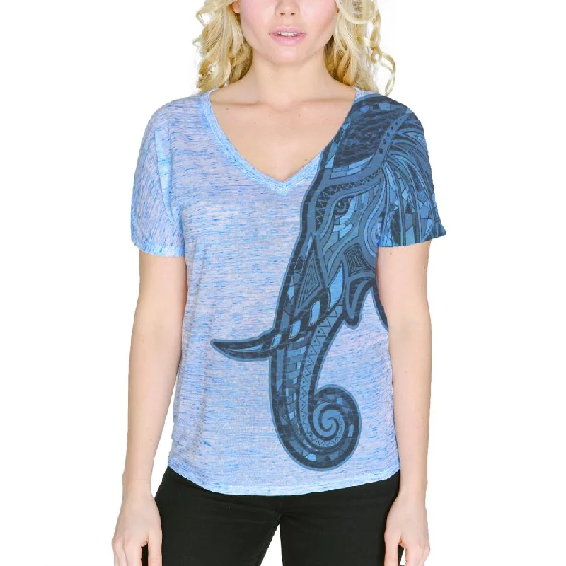 Tribal Mosaic Elephant Women's Slouchy V-Neck T ShirtVNeckTopFlow